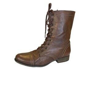 Steve Madden Troopa Brown Leather Combat Boots Women’s 9M Lace-Up Zip Mid Calf